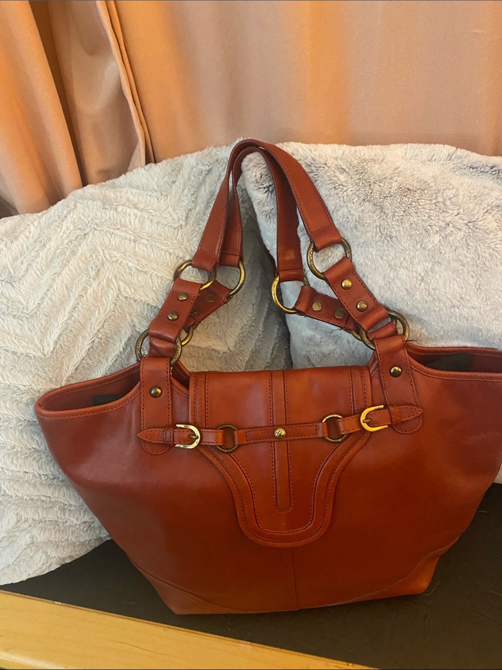Kate Landry Rich Cognac Leather Tote with Gold Hardware